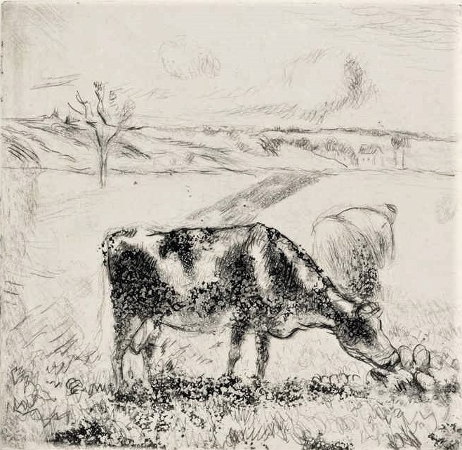 Camille Pissarro, 5IE-1880-141-3, Un état, vache et figure. Compare: 1885, D58, La vache, ps 2nd state, 12x11, A2017/09/19 (iR11;R90II,p170+153;R2,p312;R138XVII,no58;R85XI,no41)