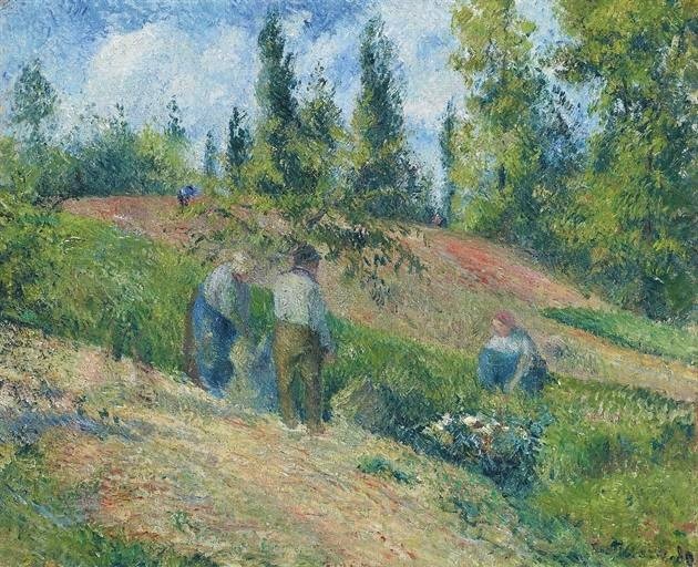 Camille Pissarro, 6IE-1881-67, Paysage d’été avec figures; appartient à M. P. Compare: CCP636, 1880, La récolte (Côte des Grouettes), Pontoise, 46x56, A2010/02/02 (iR11;R116,CCP636;R126,CR517)