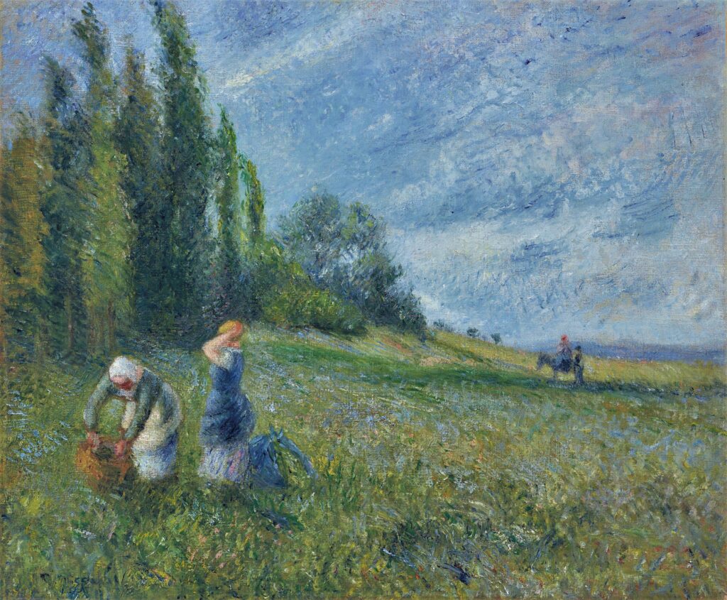 Camille Pissarro, 6IE-1881-67, Paysage d’été avec figures; appartient à M. P. Compare: CCP638, 1880, Peasant woman in a field, Pontoise, 47x65, private (iR10;iR6;R116,CCP638) 1891/04/22 Vignon sold this work to Durand-Ruel