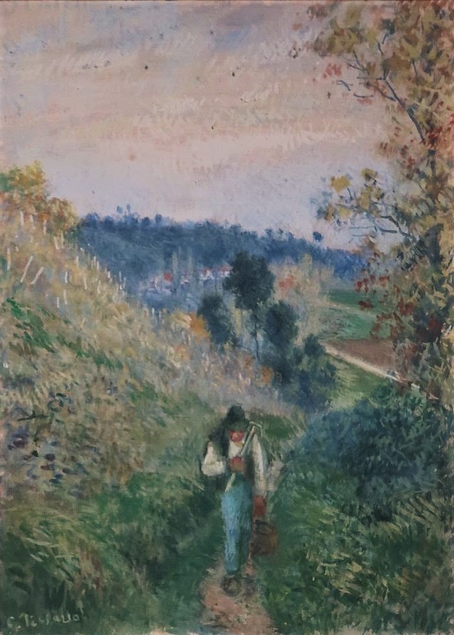 Camille Pissarro, 6IE-1881-82, Paysage, gouache = 1880ca, A Peasant Walking along a Wooded Path, gouache, xx, NCG Copenhagen (iR10;iR6;iR48;R90II,p184+194;R2,p355;M90)