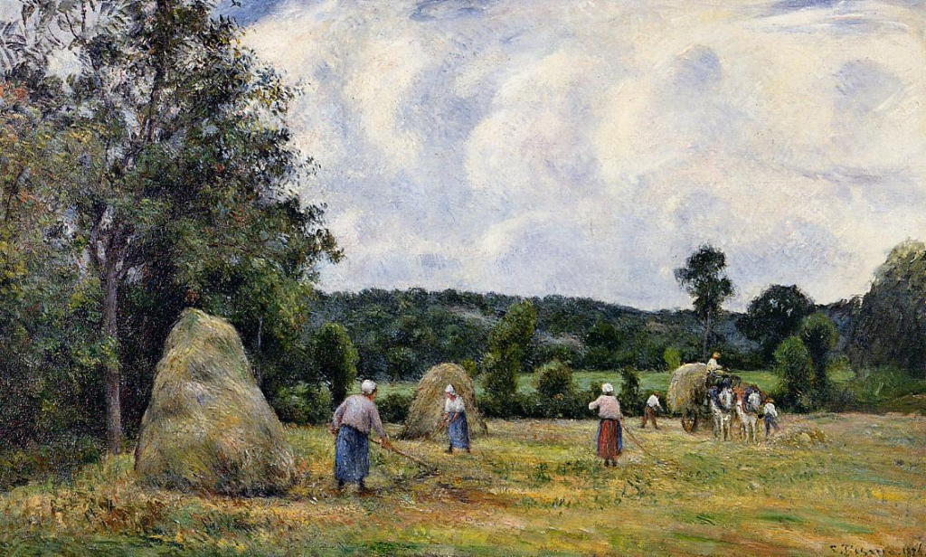 Camille Pissarro, 7IE-1882-113, La moisson. Maybe??: CCP464, 1876, Haymaking at Montfoucault, 56x92, private (iR2;R116,CR464;R2,p394) Other expo's: solo DR1888-75, Brussels 1889, XX1889-1.