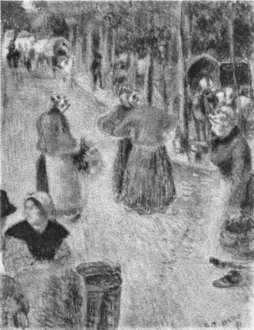 Camille Pissarro, 7IE-1882-128, Le Marché des fossés, gouache. Probably: 1881, CR1346, Le Marché des fossés, gouache, 25x19, private USA (R90II,p228+209;R2,p395;R126,CR1346)