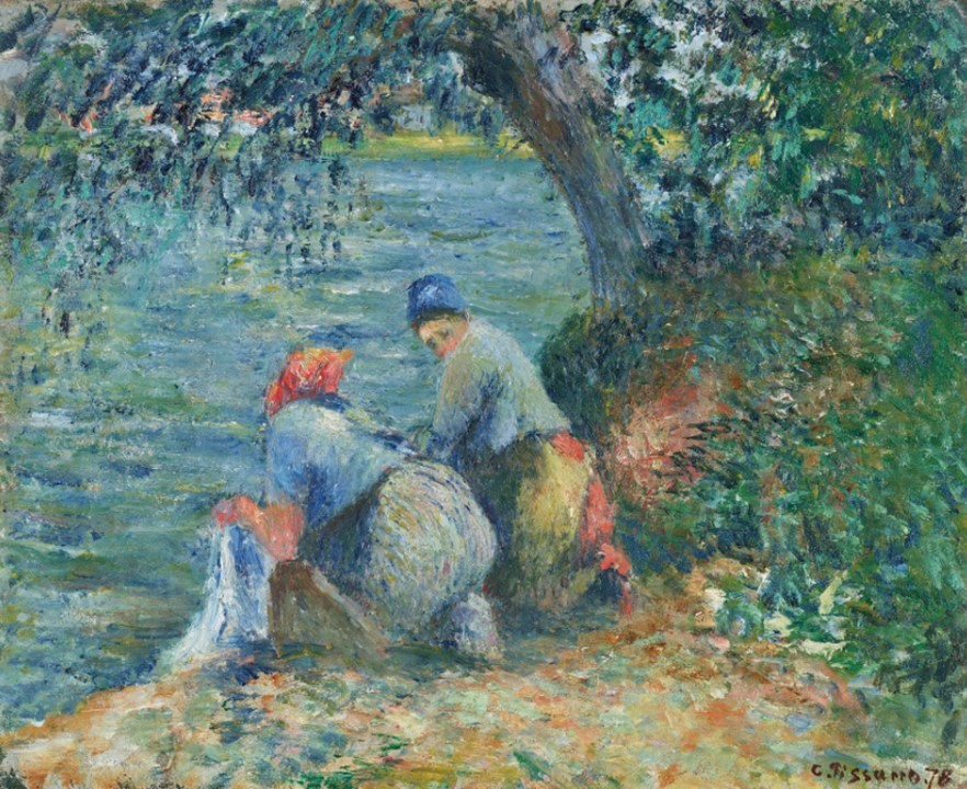 Camille Pissarro, 7IE-1882-132, Les laveuses, gouache. Compare: CCP566, 1878, Women washing clothes on the banks of the Oise, Pontoise, oil, 32x41, A2020/02/06 (iR15;R116,CCP566;R2,p394) Compare: gouache, drawing and fan (=4IE-1879-191) (R116,p385).