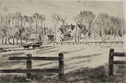 Camille Pissarro, 8IE-1886-111, Vaches et paysage (eau-forte). =1885, D59+B37, Prairie et moulin (à Osny), etch, 16x24, A2017/06/15 (iR11;R138XVII,no59;R85XI,no37;R90II,p268)