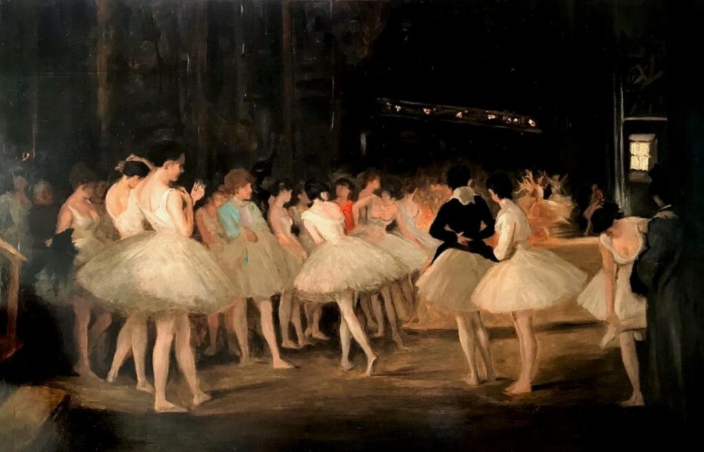 Louis(?) Joseph Robert: 1874 (or 1879), Ballet scene, on panel, 48x74, private (aR5). Maybe?: SdAF-1882-2308, Avant la leçon; or: SdAF-1883-2070, A l’école; or: SdAF-1883-2071, La leçon de danse.