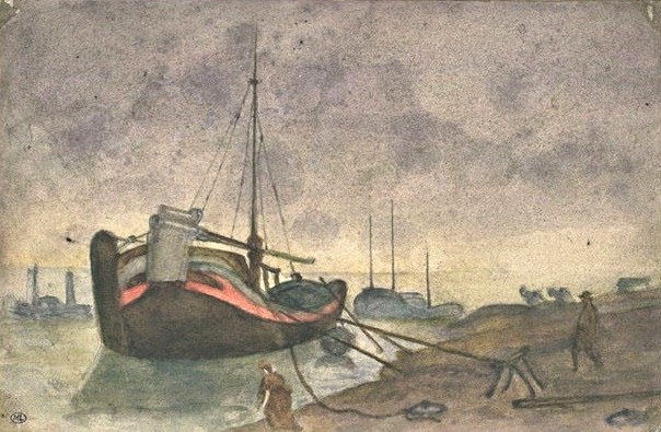 Armand Guillaumin, 6IE-1881-50, Quai Saint-Bernard, aquarelle =?? 18xx, Barques de pêche amarrées, wc, 16x25, Louvre (iR23;R2,p354) = former Gachet collection