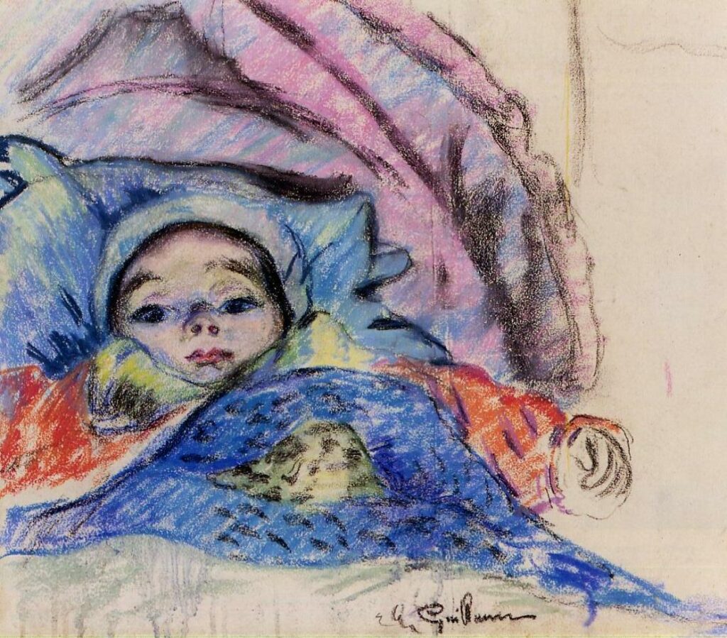 Armand Guillaumin, 8IE-1886-80, Enfant endormi (pastel). Compare: 1896ca, Portrait of André, pastel, xx, MPP Geneva (iR2;R179,G61;R2,p445;M144)