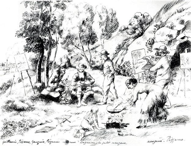 Georges Pissarro, 1881ca, Picknic of Impressionists (Guillaumin, Camille Pissarro, Gauguin, Cézanne, Manzana Pissarro, Mme Cézanne), dr, 21x27, private (iR10;R5,p123)