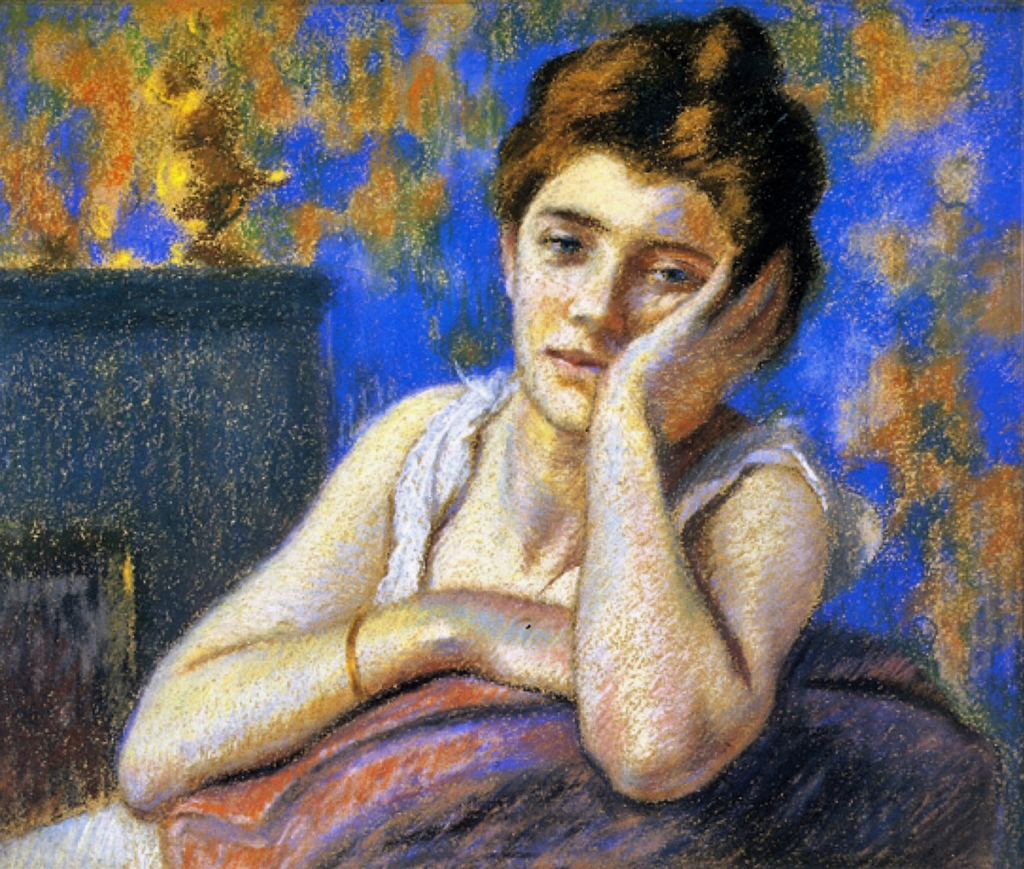 Federico Zandomeneghi, 1894+, CG575, Stl, Melancholy (Woman Leaning on an Arm Chair), pastel, 46x54, private (iR2;R204,no575) = solo expo at Durand-Ruel 1903