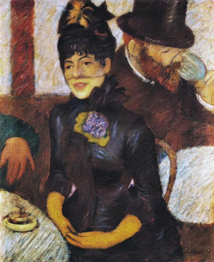 Federico Zandomeneghi, 4IE-1879+hc, a young woman smiling under her black lace mantilla. Compare: 1884, CG98, SDbr, At the café, 65x55, MC Mantova (aR7;aR8;iR8;R88II,p155;R90I,p242+250;R204,no98;M108)