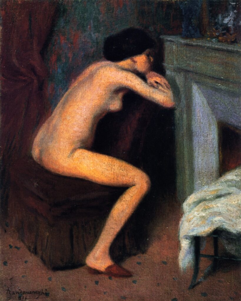 Federico Zandomeneghi, 8IE-1886-245, pastel (Femme devant une cheminée; Femme nue assise sur une chaise devant une cheminée). Compare: 1911, CG768, SDbl, In front of the fireplace, 28x22, private Milan (iR167;iR335;R204,no768;R2,p447)