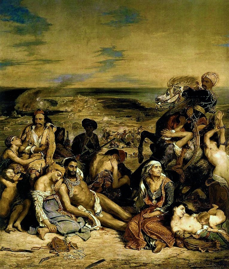 Delacroix (1798-1863): 1824, The Massacre of Chios, 419x354, Louvre (iR6;iR23;iR2;iR1;R12,p441) =S1824-450, Scènes des massacres de Scio; familles grecques attendant la mort ou l'esclavage, etc. =EU=S1855-2924