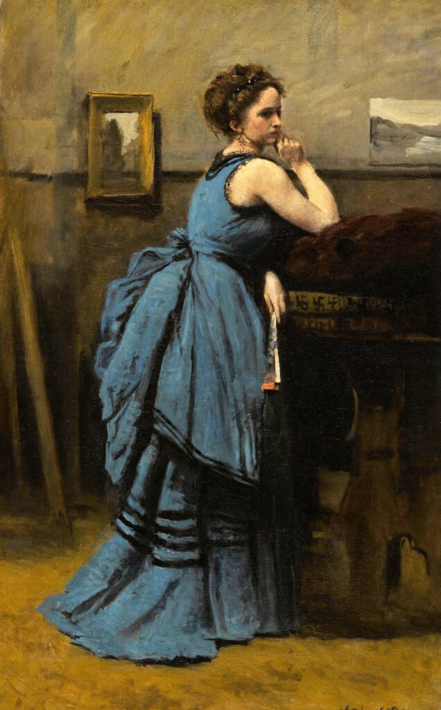 Corot (1796-1875): 1874, CR2180, Lady in Blue, 80x51, Louvre (iR6;iR2;R61,p49;R231;R45;R61,no51;M5) Former Brancon collection =EU-C-1900-128, Femme en blue (à M. Henri Rouart)