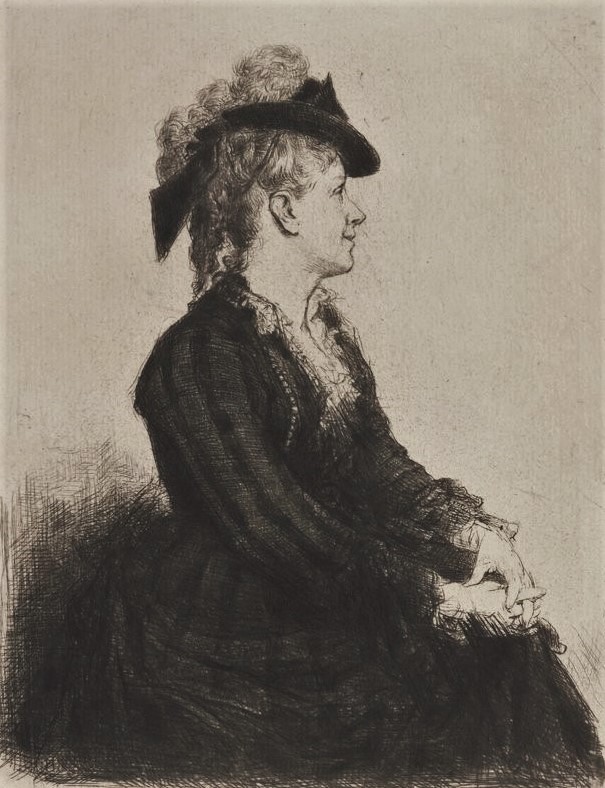 Marcellin Desboutin: 1873, Princesse (La Duchesse) Colonna (born d'Affry; surnamed Marcello; d), etch 5th state, 23x17, BNF Paris (iR40,btv1b105246132;iR1;R85V,no14;aR10,no55;R158,no51) =!? S1877-4392-9, Portrait de Mme. la duchesse Colonna, gravure à la pointe sèche