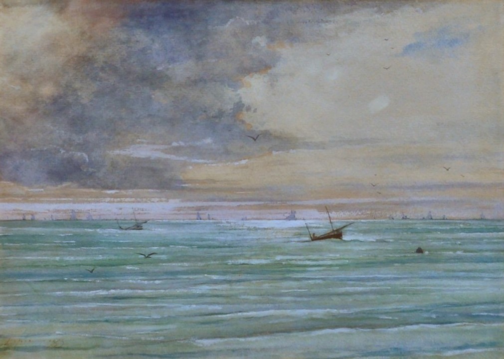 Ludovic Lepic, 1IE-1874-75, La pêche, étude en pleine mer, aquarelle =?? 18xx, Seascape at Beach, Fishing Boats Returning under a Late Afternoon Light, wc?, ?cm, xx (iR94;R2,p121;R90II,p8)