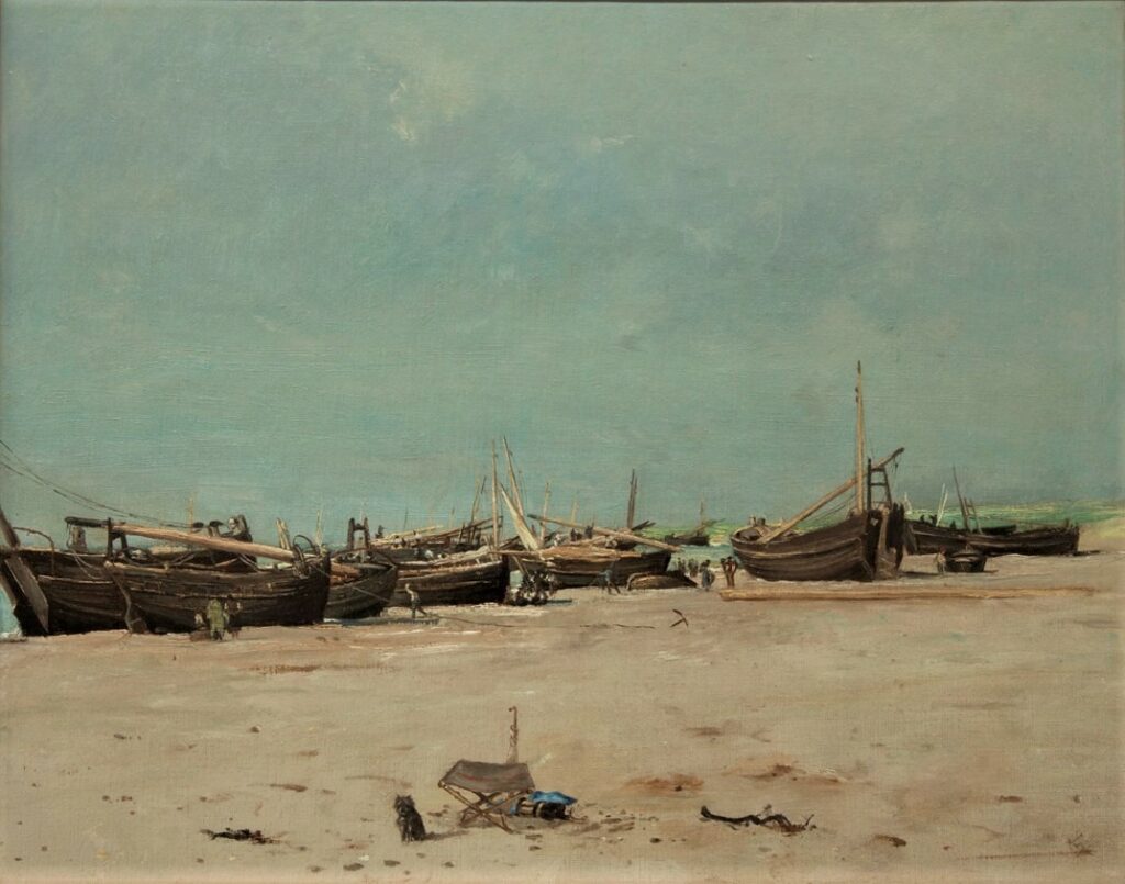Ludovic Lepic, 2IE-1876-112, Bateaux de la plage de Berck =? 1877-79ca, Plage de Berck, au pliant (barques de pêche échouées sur la plage de Berck), 74x93 MdF Berck (iRx;iR6;iR35;iR313;R2,p162;M202)