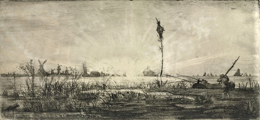 Ludovic Lepic, S1876-3903, Trois eaux-fortes: Paysages des bords de l’Escaut =? 1870-76ca, (View of the banks of the Scheldt) Sunrise, etch, 45x80, Baltimore MA (iRx;iR1;R90II,p56;R85IX,p143,no4;M24)