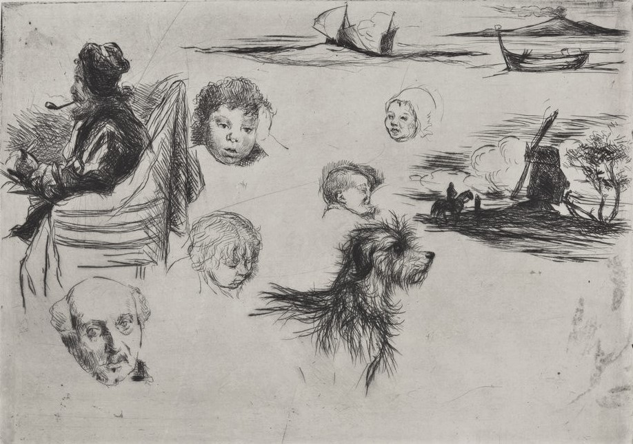 Marcellin Desboutin: 1889, Planche de croquis (Desboutin and his children + Lepic, his dog and art-works), etch, xx, BNF Paris (iR40,btv1b105247768)