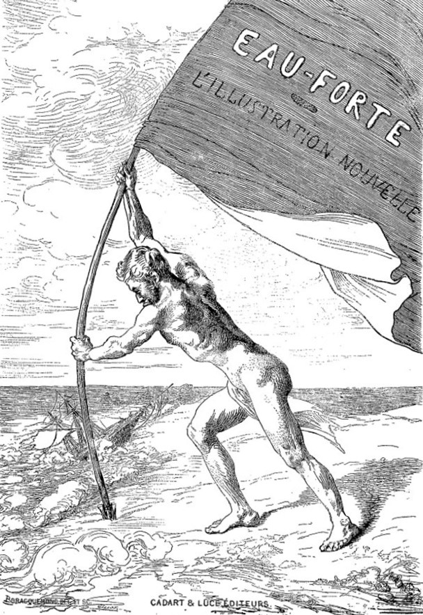 Félix Bracquemond, S1868-3990, Sept gravures à l’eau-forte. Etch, frontispiece of l'Illustration Nouvelle, rendered by Pothey 1868/08/14 (R265,no16=iR14;iR1)
