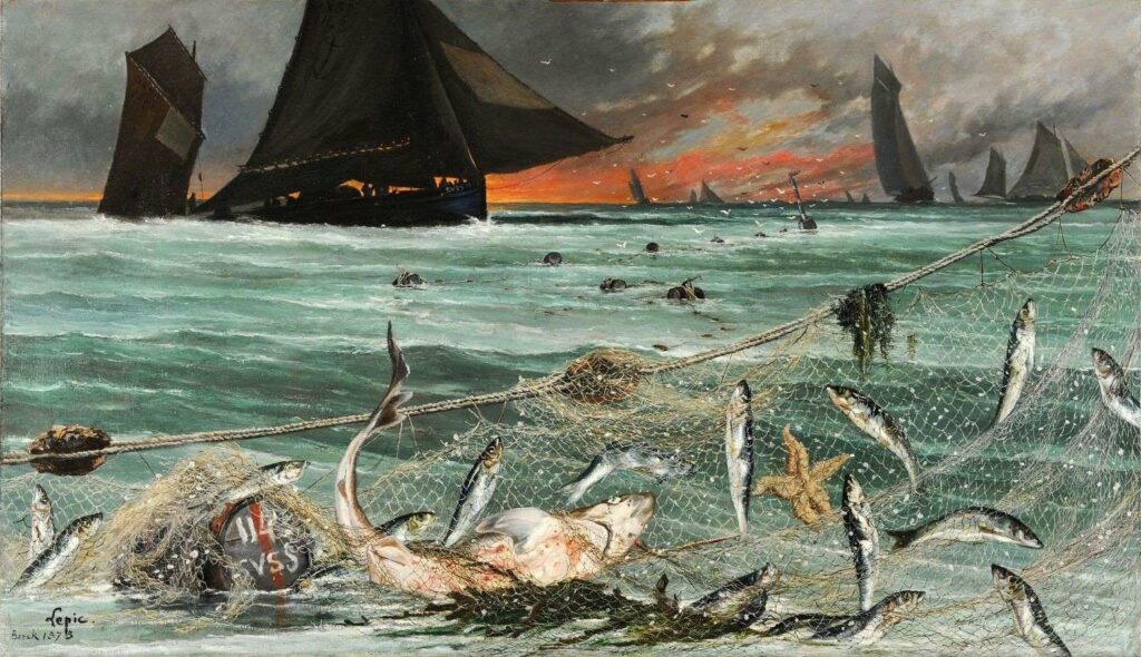 Ludovic Lepic, S1879-1898, La pêche au hareng d'Ecosse par les bateaux de Berck =1878, Scottish herring fishing by the boats of Berck, 129x216, MBA Reims (iR23;iR1;M190)