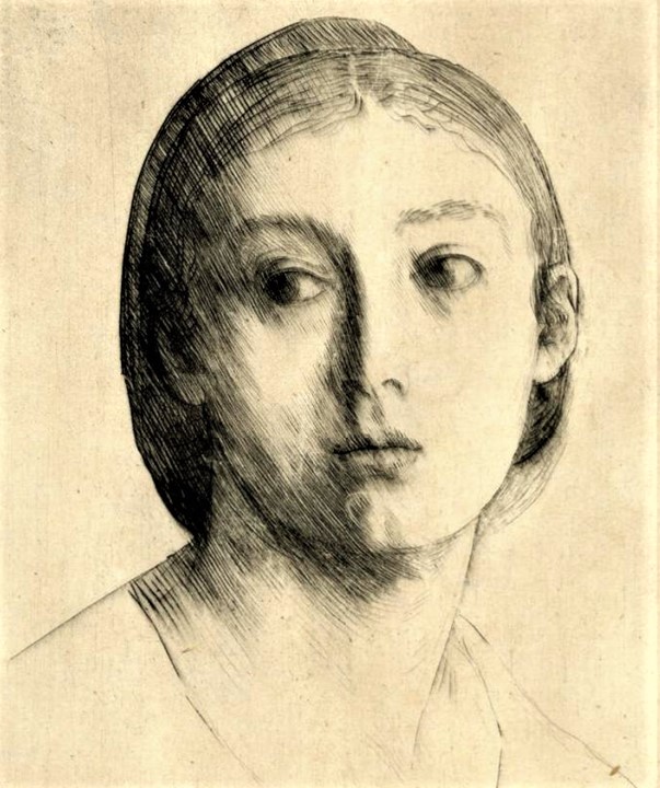Alphonse Legros, 1875ca, CR36, Portrait d'une jeune fille (extase poétique) (detail), etch, 23x16, BM London (iR105;M147;iR11;R85IX,no36)