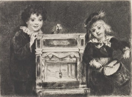 Marcellin Desboutin: 1879, Guignol en chambre (Puppet theater; detail), etch (after his painting), in-4, 41x41?, BNF Paris (iR40,btv1b10524585g;R85V,no4;R185,no116) =!? S1879-5637-4, Guignol en chambre. Depicted is Mycho and Melandri.