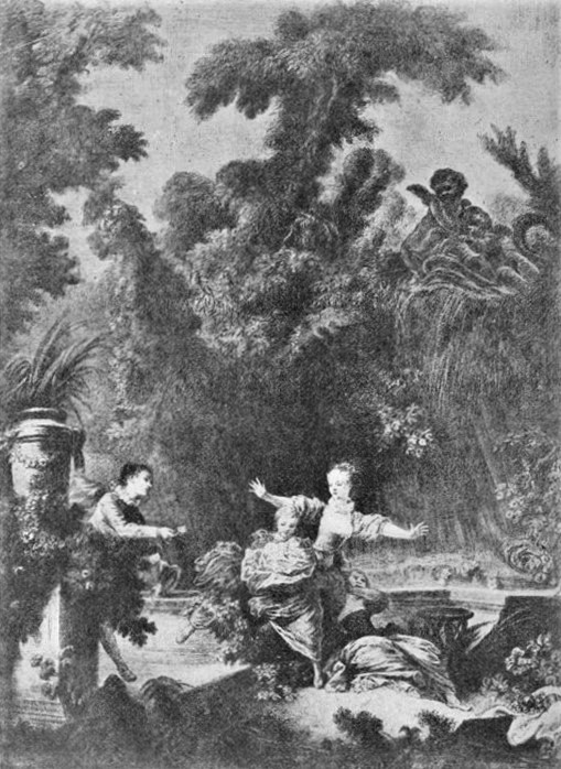 Marcellin Desboutin: 1884-87, La poursuite (La surprise; after Fragonard), print of etch, 75x53?, xx (R158,p130, repro no9;R85XIII,no164;R85V,p191). =!? SdAF-1886-5052, Une gravure: La surprise, d’après Fragonard. =!? SNBA-1890-1331, Une collection de cinq gravures en pointe-sèche, d'après les Fragonard de Grasse (Alpes-Maritimes). After: Fragonard, 1771-72ca, The progress of love, the pursuit, 318x216, Frick Pittsburg (M38).