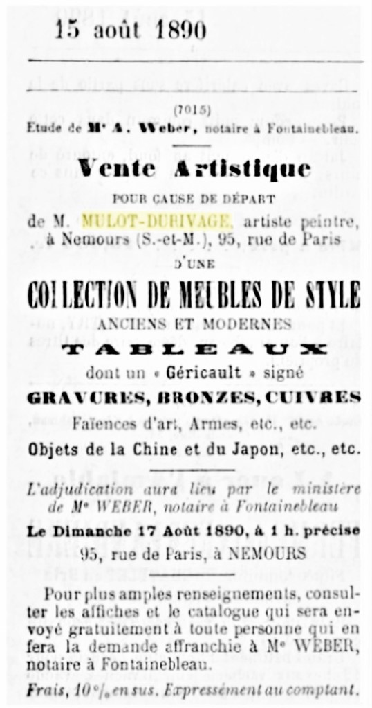 1890/08/15 annoucement of a moving sale of M. Mulot-Durivage in Nemours (aR5=iR40)