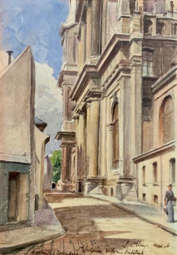 Léon-Auguste Ottin, 1904 09, SDb, View of the church of Saint Sulpice from the Oppenordt gate, rue Palatine, wc, 18x12, A2021/02/05 (aR20;iR10)