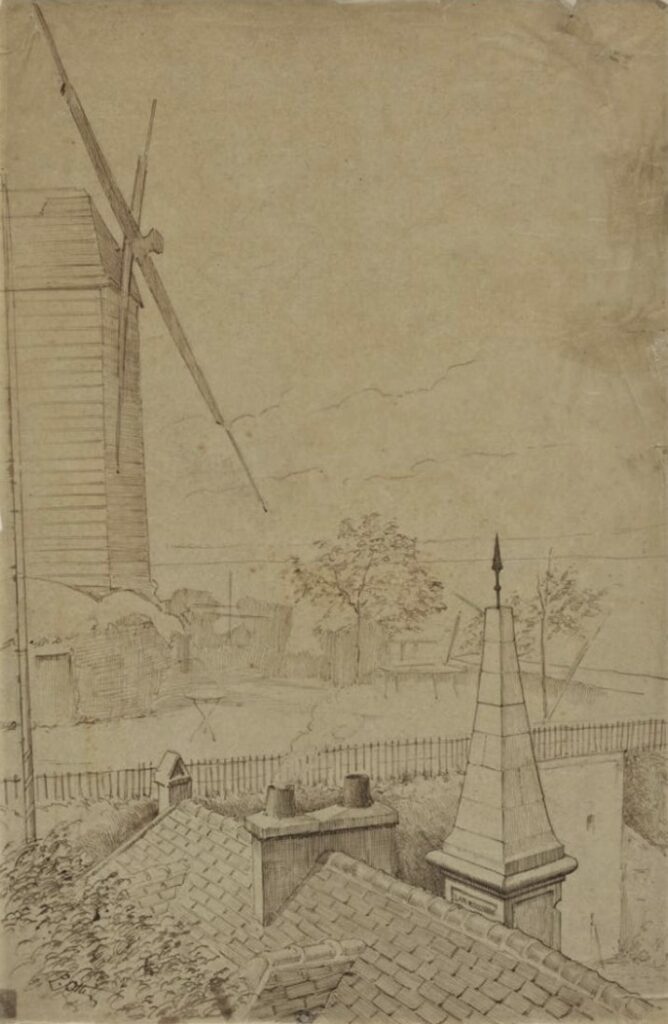 L. Ottin (=Léon Auguste?), 18xx, (Lugt432c) La mire de Montmartre, impasse Girardon, ink, 46x30, Carnavalet (iR195;M8)
