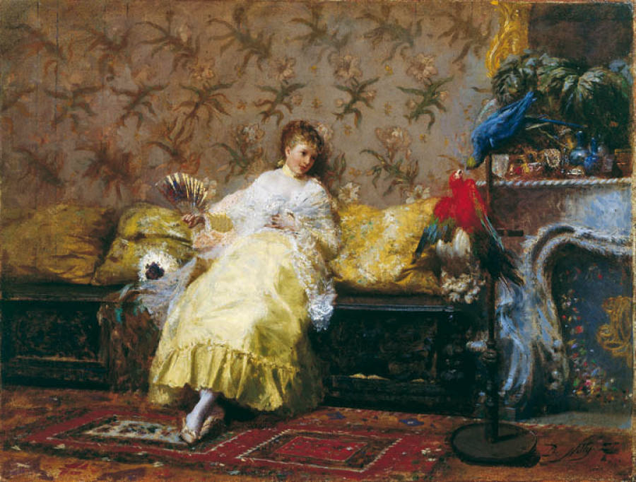 Giuseppe de Nittis, S1870-2101, La femme aux perroquets =!? 1869ca, Lady with Parrots, 24x23, private (iR2;iR10;iR1)