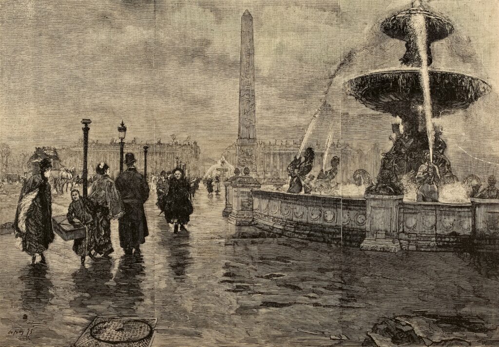 Giuseppe de Nittis, S1875-1544, Place de la Concorde. Compare: 1875, Place de la Concorde on a rainy day, etch after painting, 21x30, Carnavalet (iR195;R264,p328/9;iR1;iR10;iR1;M8)