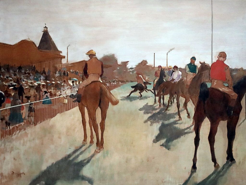 Edgar Degas, 1IE-1874-59, Faux depart, dessin =?? 1869-72, CR262, Le défilé (Racehorses in front of the stands), thinned oil, 46x61, Orsay (iR10;iR64;iR2;iR23;R26,no194;R90II,p7;R2,p120;M1)