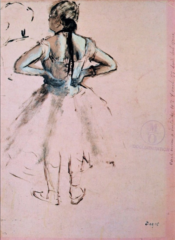 Edgar Degas, 18xx, Sbr, Danseuse, vue de dos, les mains sur les hanches, peinture à l'huile et à l'essence, blanc (rehaut), papier (rose), pinceau, 37x26, Louvre / Orsay (iR377;iR23;M5a;M1;R90II,p50+35;R90I,p86+290) =!? 2IE-1876-51, Divers croquis de danseuses