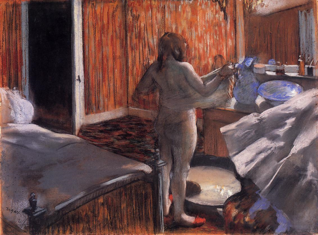 Edgar Degas: 1876-77, CR890, Woman drying herself after the bath (Woman at her toilette), pastel over monotype, 46x60, NSM Pasadena (iR2;R90II,p73+91;R26,no932;R114,no890;M43) =? 3IE-1877-46, Femme prenant son tub le soir =?? 2IE-1876-55, Femme se lavant le soir