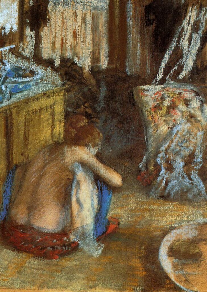 Edgar Degas, 3IE-1877-56, Cabinet de toilette =!? 1879ca, CR547, Woman squatting, pastel over monotype, 18x13, Orsay (iR2;iR10;iR23;R26,no868;R90I,p173;R90II,p73+92;R2,p204;M1) =Caillebotte bequest