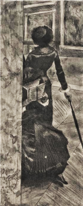 Edgar Degas, 1876-80, Delteil 29, Mary Cassatt at the Louvre, the painting gallery, etch+ps+aquatint 15of20, 30x13, Cleveland MA (M27;R138,no29;iR15;R90II,p148;R2,p311) =?? 5IE-1880-44-1-4, Eaux-fortes, Essais et états de planches