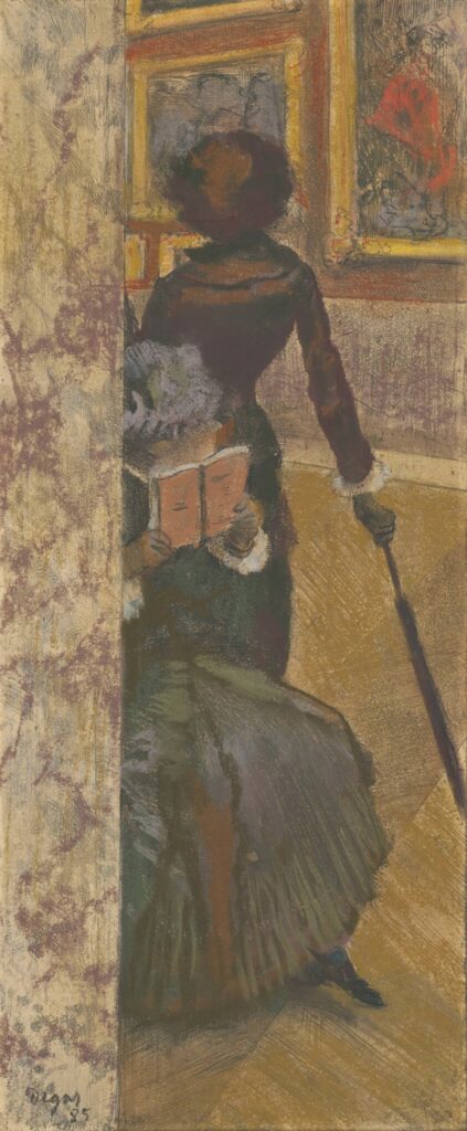 Edgar Degas, 1885, CR583, SDbl, Mary Cassatt at the Louvre, the painting gallery, pastel over etch+ps+aquatint, 30x13, AI Chicago (M20;R138,no29;R26,no576;R90II,p148;R2,p311) Compare: 5IE-1880-44-1-6, Eaux-fortes, Essais et états de planches