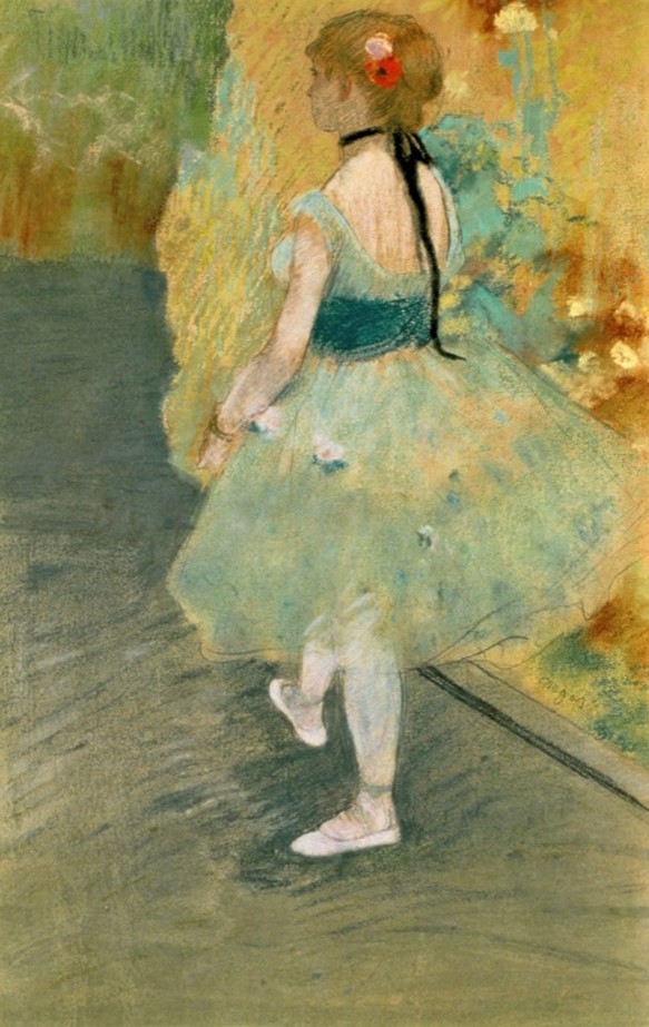 Edgar Degas, 1878ca, CR488, Dancer in green (in the wings), pastel, 46x30, New Orleans MA (iR377;R26,no522;R2,p120;R90II,p7) Compare: 1IE-1874-56, Intérieur de coulisse; appartient à  M. Rouart