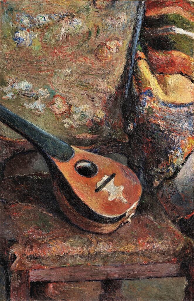 Paul Gauguin: 6IE-1881-34, Sur une chaise; appartient à M. Degas = 1880, CR63, SDcr, (Mandolin) on a chair, 47x31, A2018/11/13 (iR11;iR2;R181,no63;R128,no46;R2,p354;R90II,p181+191).