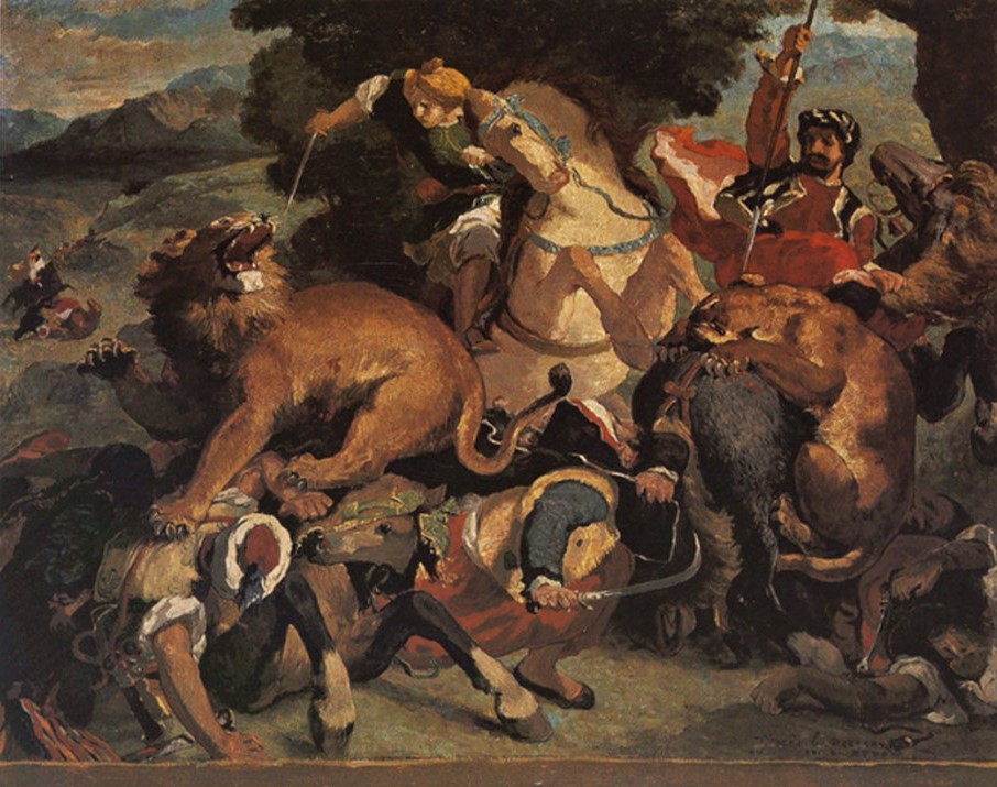 Odilon Redon: 1867, CR2031, La chasse aux Lions (copy painting Delacroix 1855), 46x55, MBA Bordeaux (R182IV,p4+IV,p332-347+no2031;M11) =DR1900-33; =retrospectives 1920-6 + 1923-104 + 1926-83