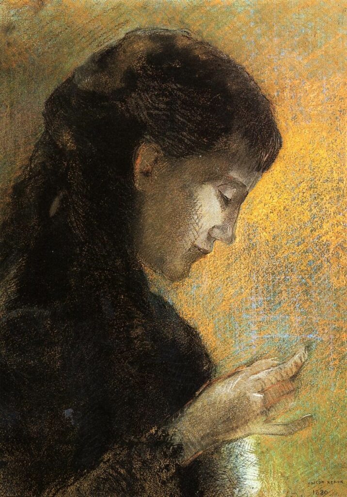 Odilon Redon: 1880, CR14, SDbr, Portrait of Mme Camille Redon embroidering, pastel, 58x42, Orsay / DAG Louvre (iR2;M1;M5a;R182I,p10+IV,p331-347+no14) =DR1894-68; =retrospectives 1920-97 + 1923-71 + 1926-145