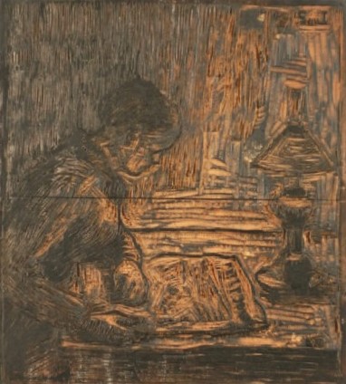 Lucien Pissarro: 1884, Femme lisant, woodblock, 15x14, Ashmolean Oxford (M66;iR10;M73;R90II,p273) Compare: 8IE-1886-123-4, Femme lisant; gravure sur bois