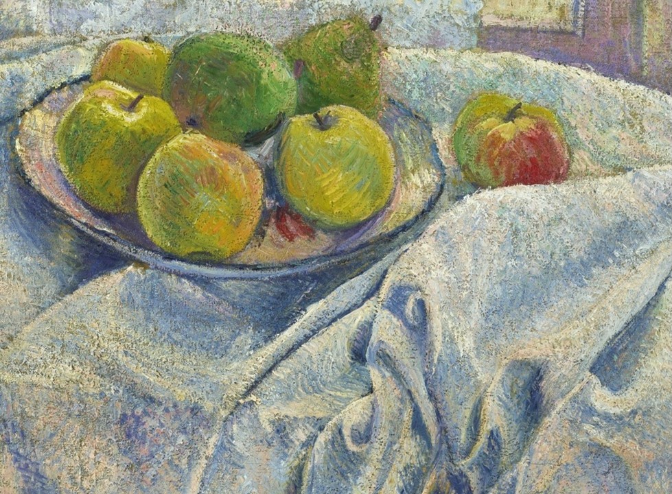 Lucien Pissarro: 8IE-1886-114, Nature Morte =1885, CR6, SDbl, Apples on table-cloth against a lace-curtained window (detail), 66x82, A2018/11/20 (iR11;iR10;iR14;R125,no6;R90I,p432;R90II,p248+269) =SdI-1886-313
