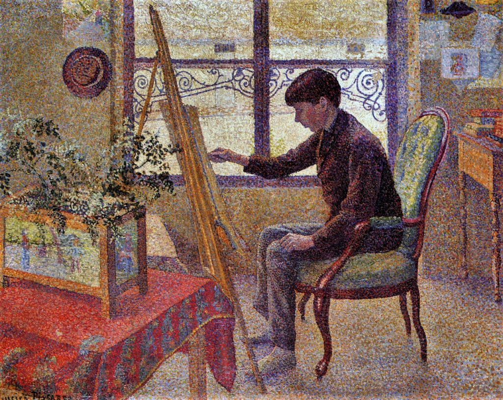 Lucien Pissarro: 1887, CR19, SDbl, Portrait of Georges Pissarro in Camille Pissarro's Studio, 64x80, Indianapolis MA (iR2;iR6;iR10;R125,no19;M165) =SdI-1887-366