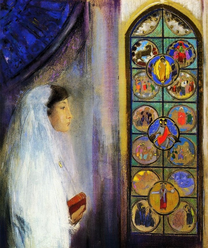 Odilon Redon: 1908, CR94, SDbr, Portrait of Simone Fayet in Holy Communion, pastel, 75x45, private (iR2;iR387;iR10;R182,no94+IV,p334) =1908-24
