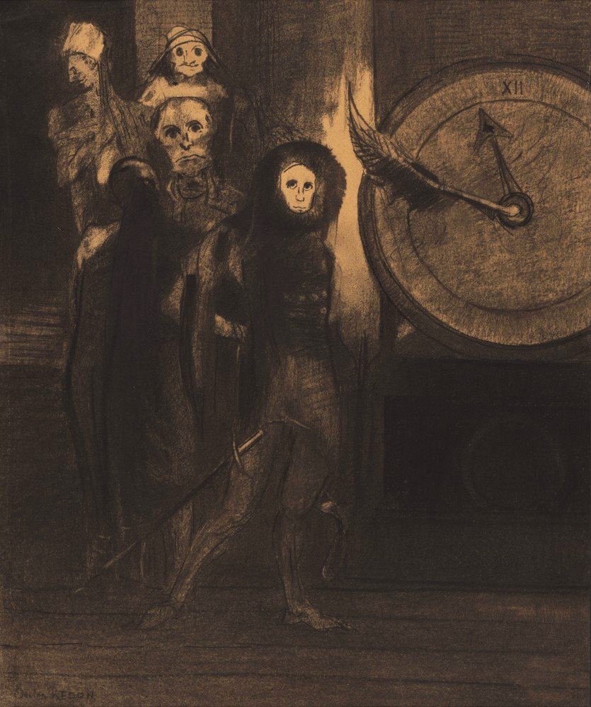 Odilon Redon: 1xxx, CR1171, The masque of the red death, charcoal, 42x36, MoMa New York (iR10;iR132;R182,no1171;M41) =3XX-1886-5, Le Masque de la mort rouge; = solo expos DR1894-3 + Rotterdam 1907-31; = retrospective 1926-179. Compare: 1SdI-1884-4, Le Masque de la mort rouge.