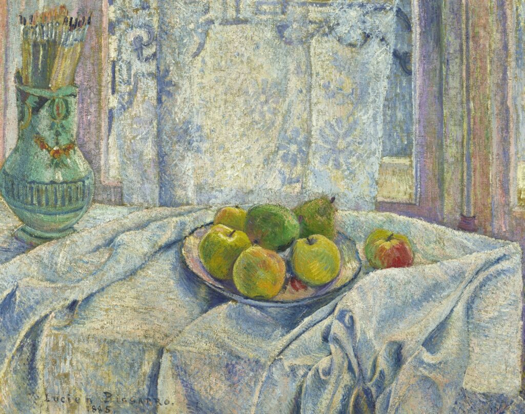 Lucien Pissarro: 8IE-1886-114, Nature Morte =1885, CR6, SDbl, Apples on table-cloth against a lace-curtained window, 66x82, A2018/11/20 (iR11;iR10;iR14;R125,no6;R90I,p432;R90II,p248+269) =SdI-1886-313