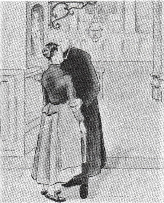 Lucien Pissarro: 8IE-1886-116, Projet d’illustration de « Il était une bergère » (aquarelle), no.10: Nous nous embrasserons =1884ca, Nous nous embrasserons (we'll embrace in forgiveness), dr+wc, 20x17, Ashmolean Oxford (R90II,p271+249;M66)