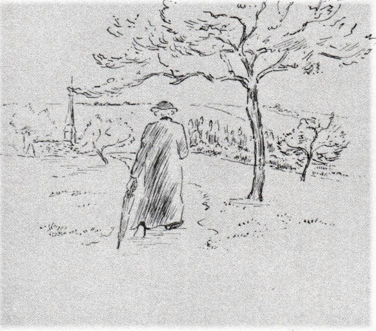 Lucien Pissarro: 8IE-1886-116, Projet d’illustration de « Il était une bergère » (aquarelle), no.11: Nous recommencerons =1884ca, Nous recommencerons, dr, 21x17, Ashmolean Oxford (R90II,p271+249;M66)